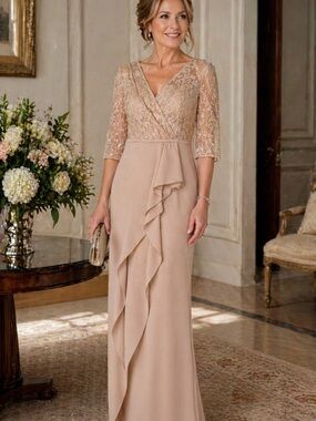 Rickie Freeman for Teri Jon Champagne Lace & Chiffon Long Sleeve Gown